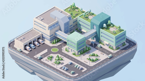 Schilderij op canvas Modern Hospital Building Complex with Green Rooftops and Parking Area
