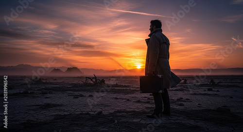 Man standing alone in a desolate landscape with a briefcase at sunset with mountains in the background and a vibrant orange sky