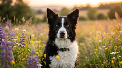 A black and white dog sitting in a field of colorful flowers at sunset