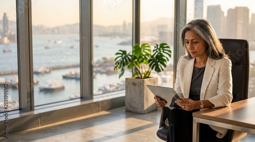 Senior adult woman reviewing tablet in modern office with harbor view during golden hour strategy concept