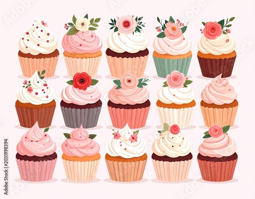 Colorful cupcakes with floral decorations arranged.