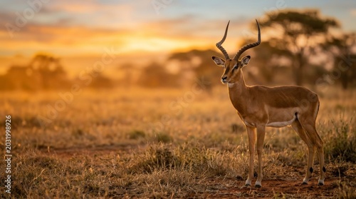 Impala Antelope Standing in African Savannah During Golden Hour Sunset