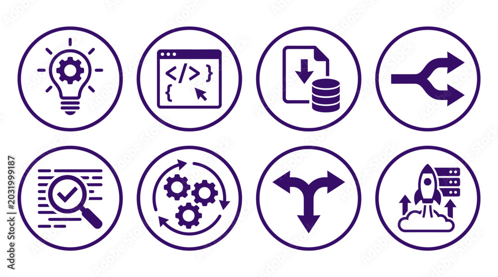Fototapeta premium Set of eight icons representing technology, coding, data management, and innovation concepts