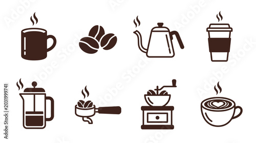 Canvas Print Collection of coffee-related illustrations featuring cups, beans, and brewing eq