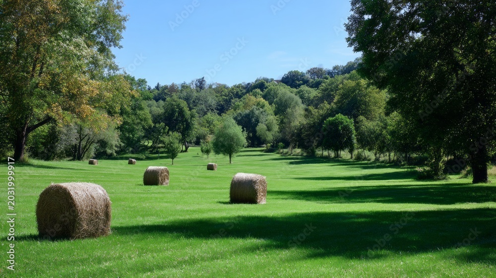 Fototapeta premium Soft green grass stretches across the farmland, dotted with round hay bales. Tall trees frame the scene, while the sun shines brightly, offering a peaceful countryside view