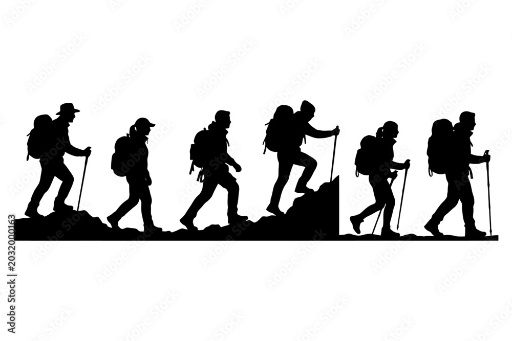 Obraz premium Silhouette of six hikers climbing a mountain ridge with hiking gear.