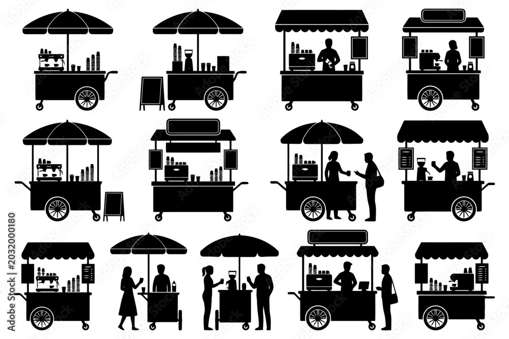 Naklejka premium Silhouettes of food and drink vendor carts with customers in various poses.