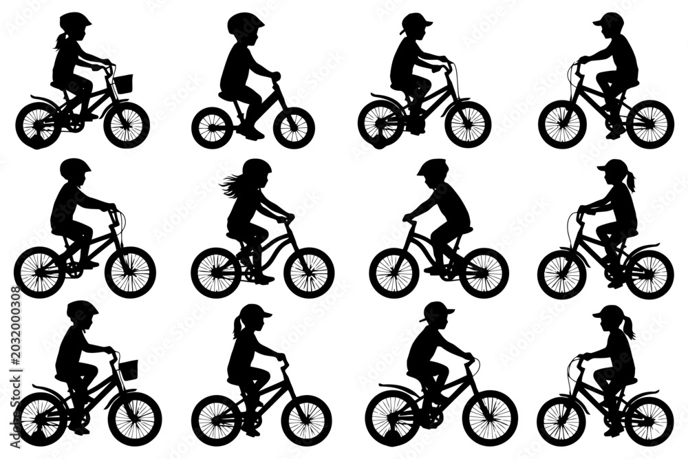 Fototapeta premium Silhouettes of children riding bicycles in various positions and directions.