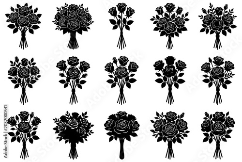 Silhouette collection of rose bouquets in various arrangements.