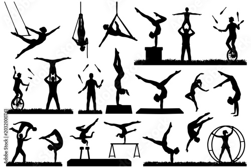 Silhouettes of acrobatics and circus performers in various poses.