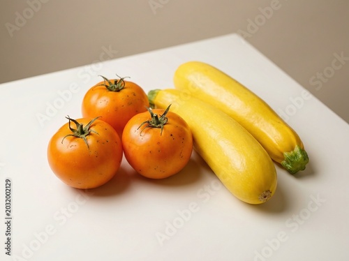 Fresh ripe tomatoes and yellow squash on white surface for healthy food photography.