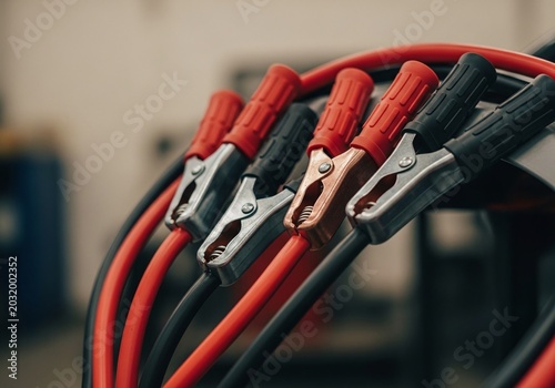 Red jumper cables with black and red clamps for vehicle battery jump starting.