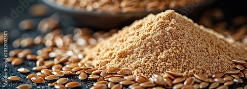 Close-up view of flaxseed flour and whole golden flaxseeds in bright studio lighting