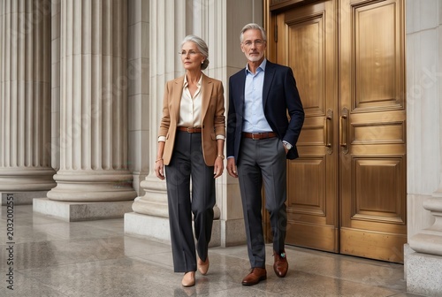 Confident professionals walking outside a grand building, showcasing style and leadership in business attire.