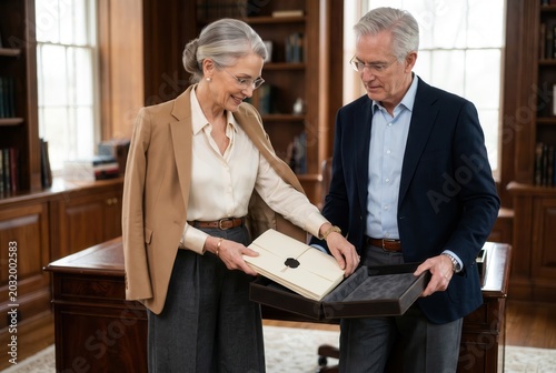 Elderly couple sharing a book in a wood-paneled office, engaging in a warm conversation.