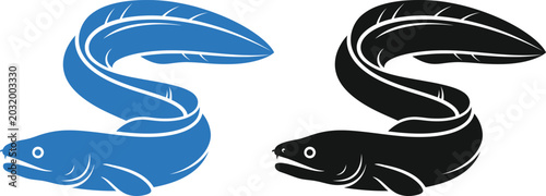 Принти на полотні Minimalist vector illustrations of a long swimming eel in blue and black