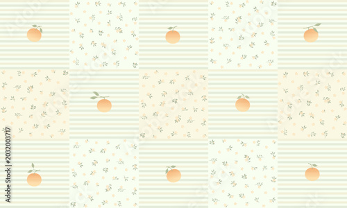 Tableau sur toile A seamless patchwork pattern with oranges, stripes, and dainty floral designs in soft, warm pastel colors