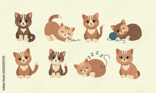 Vector illustration of cute kittens in different poses set of adorable cartoon cats playing and sleeping