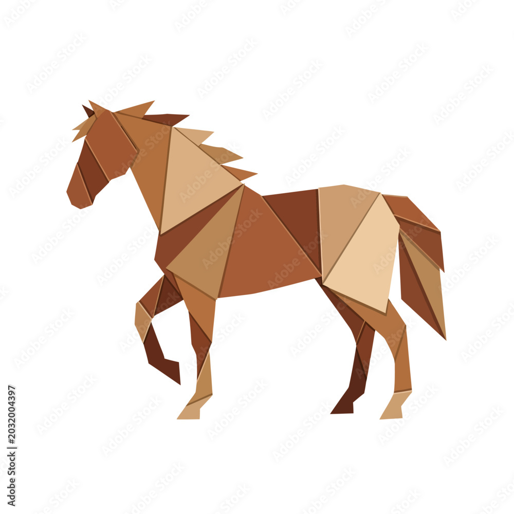 Obraz premium Geometric Horse Illustration in Brown Tones, Isolated on White
