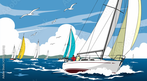 Obraz na plátne A vector illustration of sailboats racing on a sunny day at sea with clear blue skies