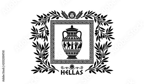 Schilderij op canvas Greek amphora and olive branches with classical meander border vector design