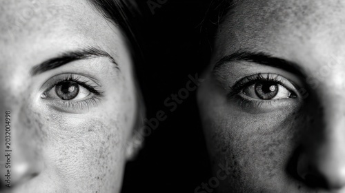 Close up portrait of two faces black and white photography studio style