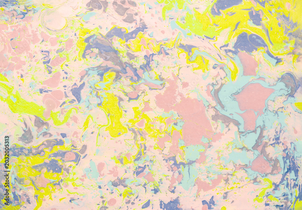Fototapeta premium Abstract pastel pink and lime green marble background. Hand painted ebru art texture with purple and mint blue ink swirls.