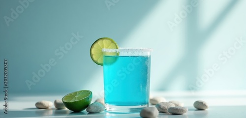 Bright blue cocktail drink with lime slice garnish and salt rim. Smooth stones surround glass on white surface. Refreshing beverage for summer parties and relaxation.