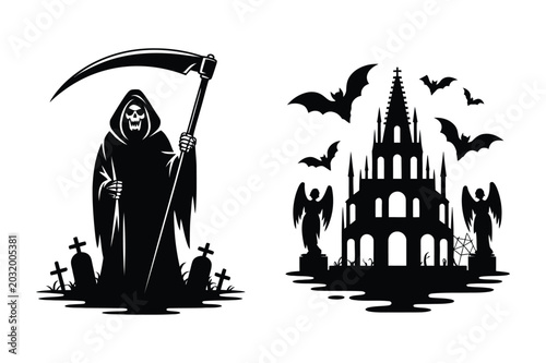 Obraz na płótnie Grim reaper with scythe at a graveyard and a haunted castle with bats and angels