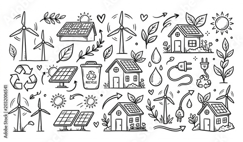 Hand drawn renewable energy doodle vector illustration isolated on white background