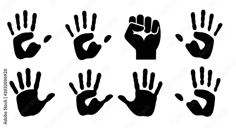 Fototapeta premium Set of Black Handprints and Fist Icon on White Background