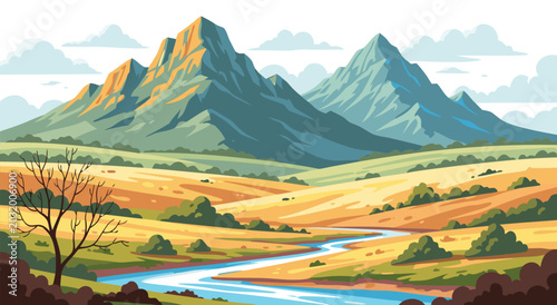 Tableau sur toile A serene vector illustration of mountains, river, landscape, nature, and travel in a scenic view