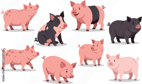 Obraz na plátně Cute Pig Character Illustration with Various Funny Poses