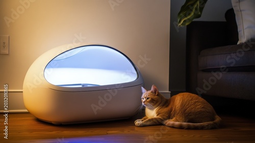 Modern self-cleaning cat litter box with orange cat relaxing nearby in cozy setting