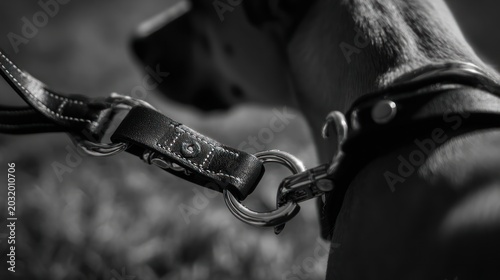 Close up black and white image of a dogs collar and leash detail