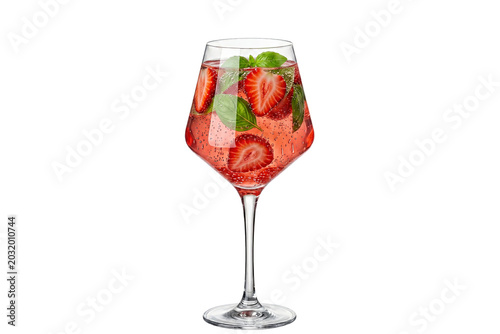 premium classic strawberry basil spritz cocktail with fresh fruit slices and herb leaves in a stemmed wine glass on transparent background