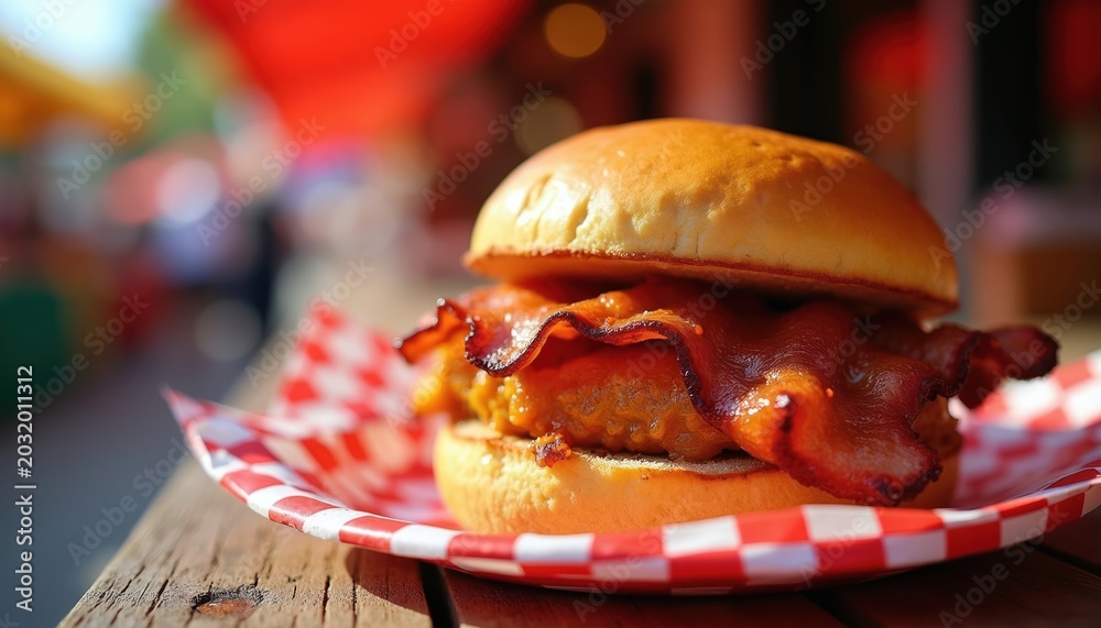 Naklejka premium Thick peameal bacon sandwich on bun with crispy golden crust served on red checkered paper. Delicious savory meat patty with melting cheese on rustic wood table.