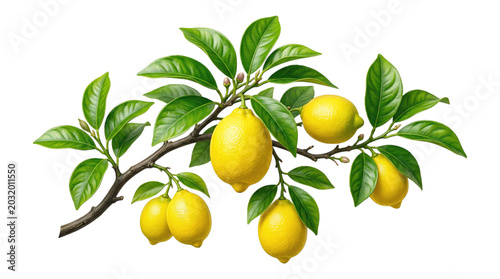 Bright realistic illustration of a lemon branch with ripe yellow lemons and glossy green leaves isolated on a transparent background