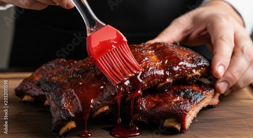 Close-up of a chef basting grilled BBQ ribs with a red silicone brush, adding a rich, glossy sauce to the smoky meat on a wooden board.