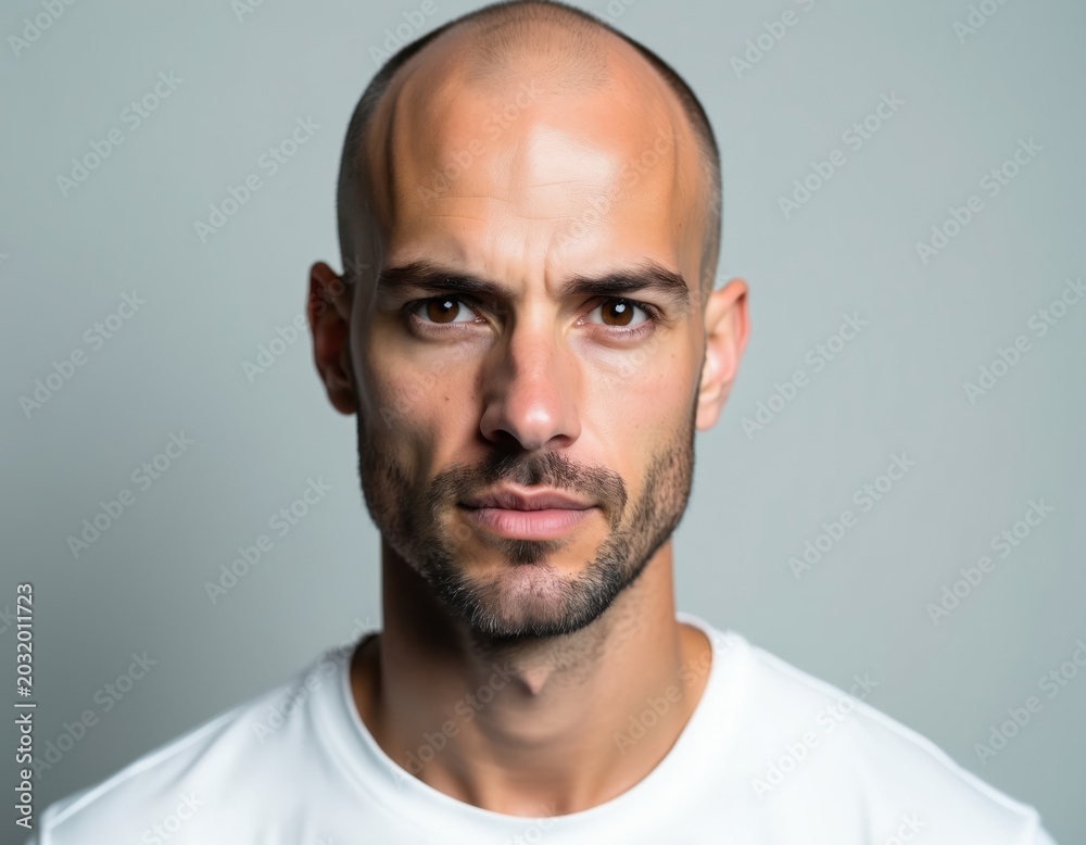 Obraz premium Bald man with beard looks directly forward. He wears white t-shirt. Studio portrait against grey background. Direct gaze, serious expression, light skin, dark eyes.