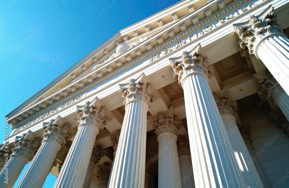 Fototapeta premium Majestic courthouse building with large stone columns against clear blue sky. Grand architecture justice, law. Sunlight highlights facade details, creating strong shadows. Structure represents