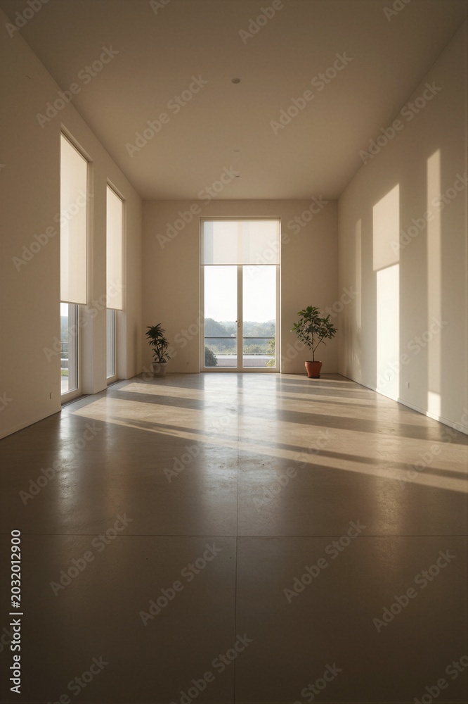 Fototapeta premium A minimalist interior room with high ceilings and large windows, featuring a serene atmosphere and natural light.