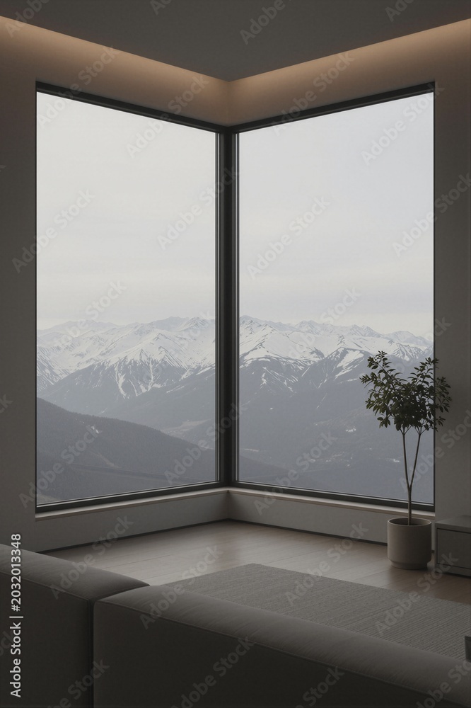 Fototapeta premium A modern interior room features a panoramic view of snow-capped mountains through its corner windows.