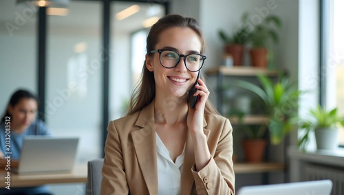 Smiling Professional Woman Wearing Glasses Talking on Mobile Phone in a Bright Modern Office Environment