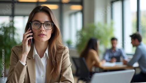 Professional Woman Wearing Glasses Talking on Smartphone in Modern Office Environment