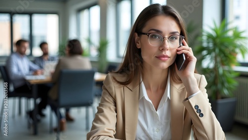 Professional Woman Wearing Glasses Engaged in a Phone Conversation in a Modern Office Meeting Room