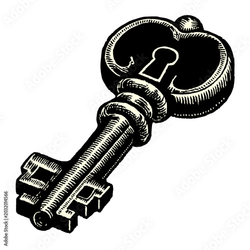 Canvastavla An artistic ink illustration of an old ornate skeleton key featuring intricate d