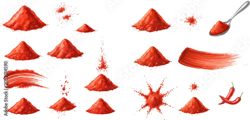 Schilderij op canvas Set of red chili powder piles, splashes, and brush strokes, with a spoon and chili peppers, isolated on white background