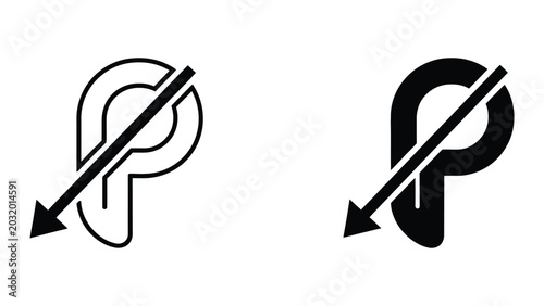 Cuadro en lienzo P letter arrow down icon set in outline and solid glyph style vector