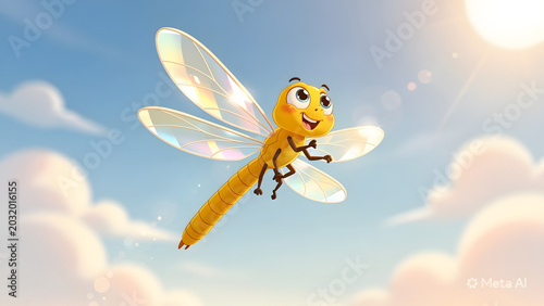 Cute cartoon dragonfly character flying in sunny sky with clouds